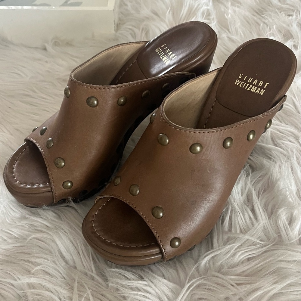 SOLD Stuart Weitzman Brown Stud Platform Slides 8